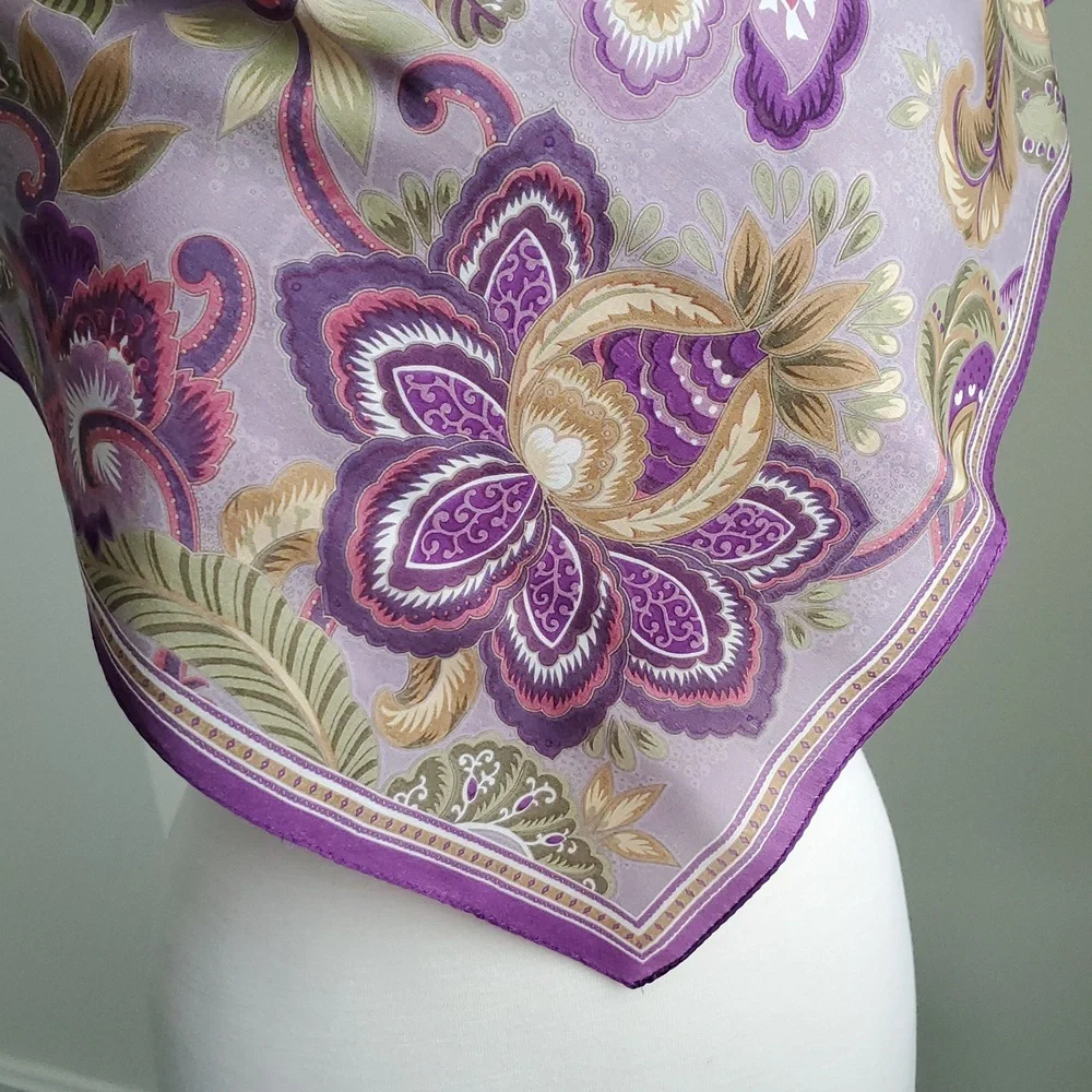 EUC Oscar De La Renta 100% Silk Purple/Plum/Moss Green 35" x 35" Square Scarf - Picture 2 of 6